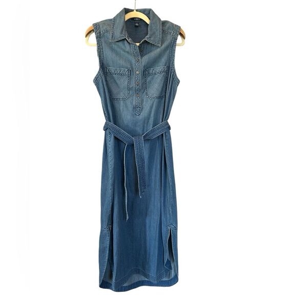 Chaps Sleeveless Blue Button Belted Cotton Cottage Western Denim Midi Dress L - Picture 1 of 10
